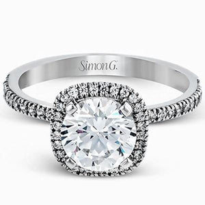 Front View of Simon G. Cushion Halo French Set Diamond Engagement Ring