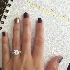 Simon G. Cushion Halo French Set Diamond Engagement Ring on Finger