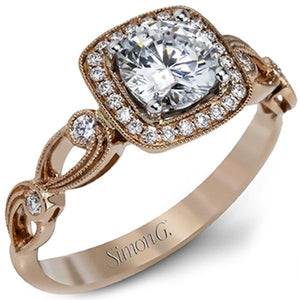 Simon G. Cushion Halo Vintage Style Floral Engagement Ring