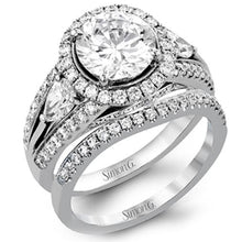 Load image into Gallery viewer, Simon G. Diamond Halo Ring with Pear Cut Side Diamonds
