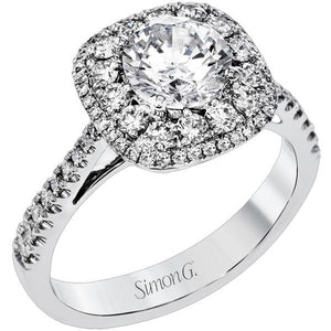 Simon G. Double Cushion Shaped Halo Diamond Engagement Ring