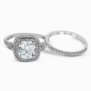 Simon G. Double Cushion Shaped Halo Split Shank Diamond Engagement Ring