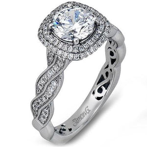 Simon G. Double Halo Diamond Twist Engagement Ring