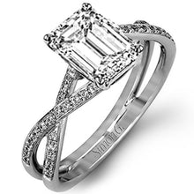 Load image into Gallery viewer, Simon G. Emerald Cut &quot;Twist&quot; Split Shank Diamond Engagement Ring
