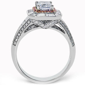 Simon G. Emerald Cut Two-Tone Halo Baguette Diamond Engagement Ring