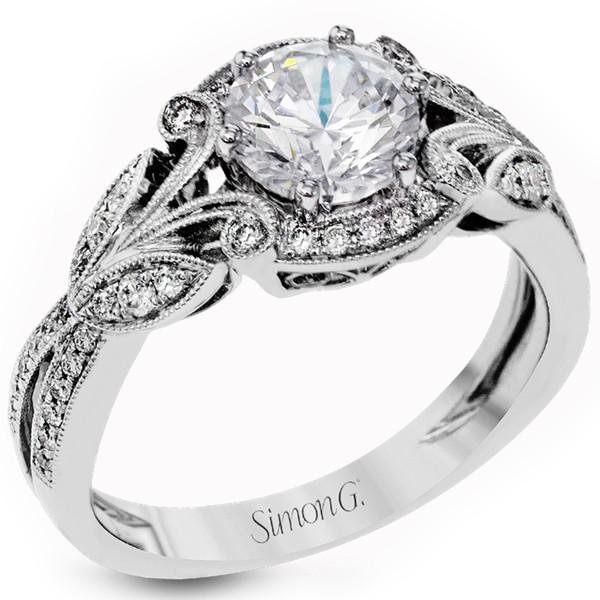 Simon G. Filigree Antique Style Round Cut Diamond Engagement Ring - 18K White Gold