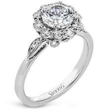 Load image into Gallery viewer, Simon G. Flower Motif Halo Diamond Engagement Ring
