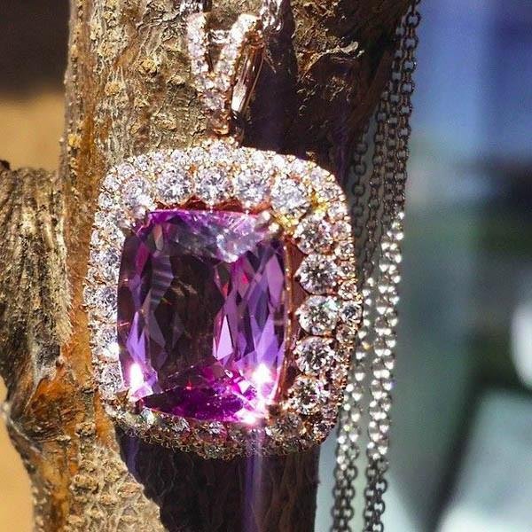 Gorgeous Kunzite & Pink Diamond Pendant Necklace t 14K Rose Gold