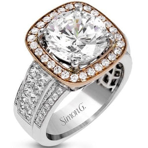 Simon G. Large Diamond Center Two-Tone Halo Prong Set Engagement Ring
