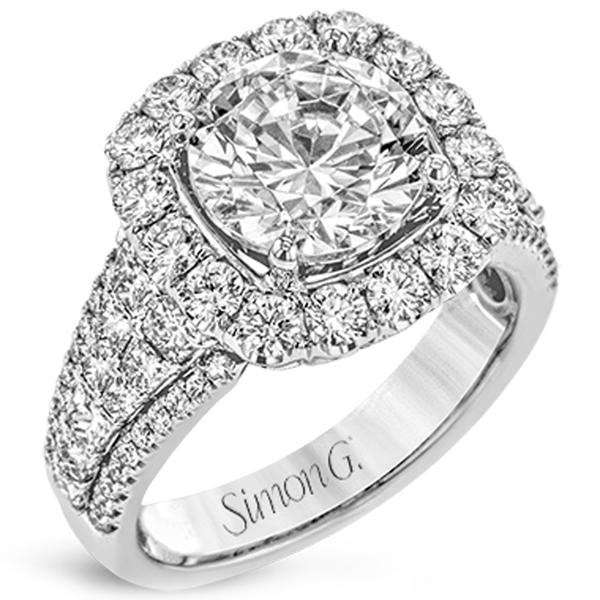 Simon G. Large Round Cut Center Halo Pave Diamond Engagement Ring