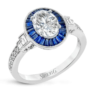 Simon G. Oval Cut Blue Sapphire Baguette Halo Diamond Engagement Ring