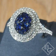 Load image into Gallery viewer, Simon G. Pave Set Blue Sapphire Oval Shaped Double Halo Ring
