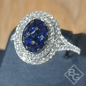 Simon G. Pave Set Blue Sapphire Oval Shaped Double Halo Ring