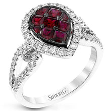 Load image into Gallery viewer, Simon G. Pear Shaped Ruby &amp; Diamond &quot;Halo&quot; Ring
