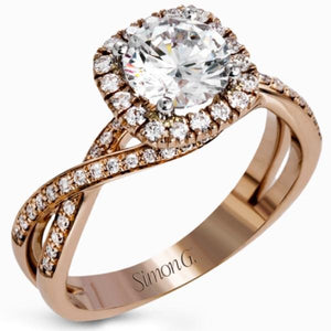 Simon G. Round Cut "Twist" Halo Split Shank Diamond Engagement Ring
