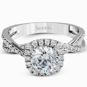 Simon G. Round Cut "Twist" Halo Split Shank Diamond Engagement Ring