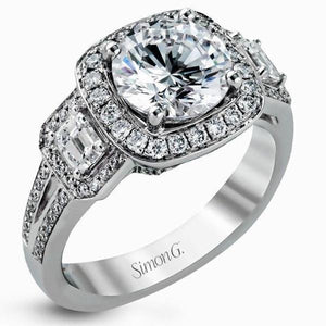 Simon G. "Three Stone" Cushion Halo Diamond Engagement Ring