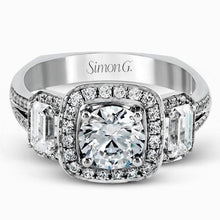 Load image into Gallery viewer, Simon G. Three Stone Cushion Halo Diamond Engagement Ring
