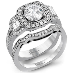 Simon G. Three Stone Cushion Halo Diamond Engagement Ring
