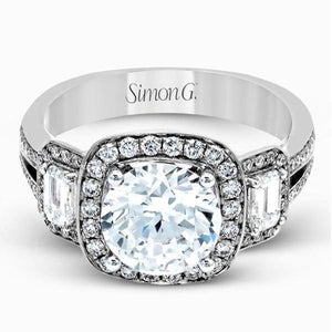 Simon G. "Three Stone" Cushion Halo Diamond Engagement Ring