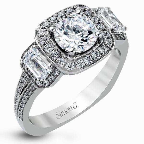 Simon G. Three Stone Cushion Halo Diamond Engagement Ring