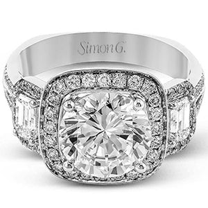 Simon G. Three Stone Large Center Cushion Halo Diamond Engagement Ring