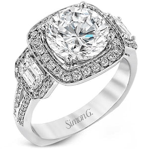 Simon G. Three Stone Large Center Cushion Halo Diamond Engagement Ring