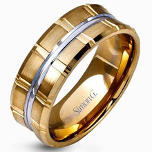Load image into Gallery viewer, Simon G. Two-Tone Yellow &amp; White Gold 9MM Satin Finish Wedding Band
