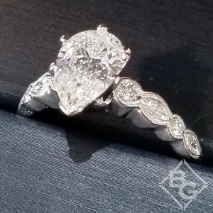 Simon G. "Vintage Style" Pear Cut Center Bezel Set Side Diamond Engagement Ring