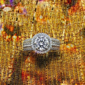 Simon G. Wide Halo Three Row Diamond Engagement Ring